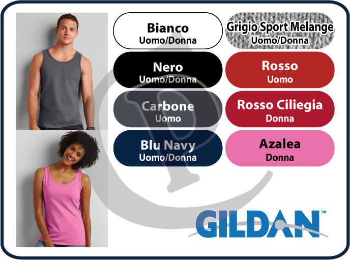 canotte tank top uomo donna gildan softstyle personalizzate, colori: Bianco, Nero, Blu Navy, Carbone, Grigio Sport Melange, Rosso, Rosso Ciliegia, Azalea.